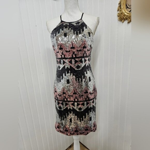 Sequin Halter Dress - Black, Pink, Silver My Michele 5 - Picture 1 of 4